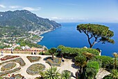 A view of the Amalfi Coast from the formal gardens at Villa Rufolo Ravello Amalfi Coast Italy Europe.