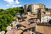 Sorano, view with fort, town of the Middle Ages, province Grosseto in Tuscany, buildings of tuff stone, Tuscany, Italy.
