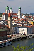 Germany, Bavaria, Passau, aerial view, skyline, Danube River,.