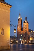 Dawn on the Main Market Square in Krakow old town, Poland. UNESCO world heritage site.