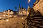 Night falls in Ghent old town, Belgium. Steps leading to St Michael's Bridge.