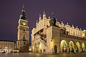 Night falls at the Cloth Hall in Krakow old town, Poland. UNESCO.