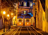 Portugal, Lisbon, Twilight view of the Gloria Funicular.
