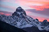 'Mount Ushba at dawn, Caucasus Mountains, Zemo Svaneti National Park; Samegrelo-Zemo Svaneti, Georgia'