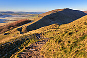 Frosty morning, Great Ridge, view to Rushup Edge from slopes of Mam Tor, near Edale, Peak District, Derbyshire, England, United Kingdom, Europe