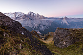 View of the Marmolada mountain range at dawn, Cima Belvedere, Canazei, Val di Fassa, Trentino-Alto Adige, Italy, Europe