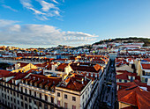 Miradouro de Santa Justa, view over downtown and Santa Justa Street towards the castle hill, Lisbon, Portugal, Europe