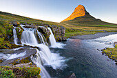 Kirkjufell Mountain and Kirkjufoss Waterfall at sunset, Snaefellsnes Peninsula, Iceland, Polar Regions