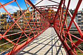 Palanques Vermelles bridge, red bridge across Onyar River, by Gustav Eiffel, City of Girona, Girona Province, Catalonia, Spain, Europe