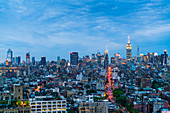 Manhattan skyline at dusk, New York City, United States of America, North America