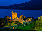 Twilight view of Urquhart Castle and Loch Ness, Highlands, Scotland, United Kingdom, Europe