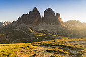 Sesto Dolomites, Veneto, Italy, Dawn over the Three Peaks from Bonacossa's path