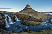 Long exposure landscape with waterfalls and Kirkjufell Mountain, Snaefellsnes peninsula, Western Iceland, Europe