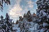 Odle Dolomites covered in snow, Passo delle Erbe, Bolzano, Trentino Alto Adige , Sudtirol, Italy, Europe