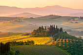 Europe, Italy, Tuscany, Siena District, Orcia Valley, Belvedere farmhouse at sunrise