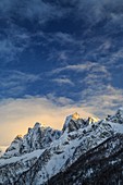 Sunset over Pizzo Badile and Cengalo, Soglio, Val Bregaglia, Canton of Graubunden, Switzerland