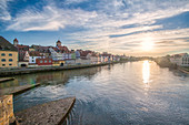 Sunlight on Danube River Regensburg Bavaria Southern Germany Europe