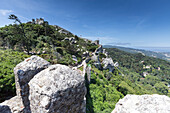 View of the ancient Castelo dos Mouros with fortified stone walls and tower Sintra municipality Lisbon district Portugal Europe
