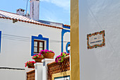 Typical alley with colorful houses and flowers in the village of Vila Nova de Milfontes Odemira Alentejo region Portugal Europe