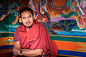 Stakna Monastery, Indus Valley, Ladakh, North India, Asia, Monk outside the temple
