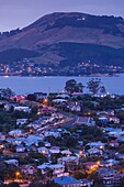 New Zealand, South Island, Otago, Port Chalmers, elevated town view, dawn.