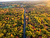 Aerial view of fall foliage near Bradbury Mountain, Maine.