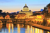 St Peter's Basilica and the Tiber at Sunset, Rome, Italy.
