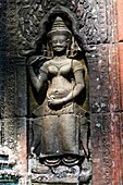 Female devata wall carving,Banteay Kdei temple in the Angkor area near Siem Reap,Cambodia,Indochina,Southeast Asia,Asia.