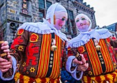 Participants in the Binche Carnival in Binche, Belgium. The Binche carnival is included in a list of intangible heritage by UNESCO.