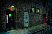 Graffiti on alley doors in city at night