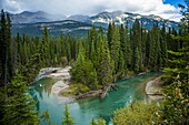 Bending river near mountain range