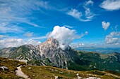 View of Gran Sasso wrapped in white clouds, Central Apennines, Abruzzo, Italy