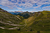 Pian de Possoliva, Giau Pass, Dolomites, Belluno, Veneto, Italy, Panoramic view of Marmolada and Piz Bo? from Pian de Possoliva