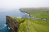 Gjogv, Eysturoy island, Faroe Islands, Denmark, Village seen from the top of the cliffs