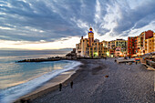 People on the beach and seafront, Camogli, Liguria, Italy