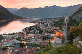 Landscape of Kotor and the bay from the fortress at sunset, Montenegro