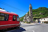 Departure of the Bernina Express from Tirano, This town situated in the center of Valtellina has been able to develop thanks to this train here brings goods from Northern Europe, Valtellina, Lombardy, Italy, Europe