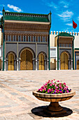 Fes, Marocco, North Africa, The royal palace Dar el Makhzen with in front an flowers pots