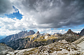 Sesto Dolomites, Trentino Alto Adige, Italy, Europe, Rondoi Baranci group with Locatelli refuge and Sasso di Sesto mount