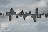 Multiple exposure of cityscape and cloudy sky, London, England, UK