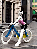 Belgium, Brussels, comic strip character on a bike at a street corner