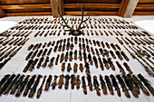 France, Burgundy, Yonne. Saint Fargeau castle. The guards room. Legs of stags fixed on the wall.