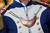 France, Paris. Vincennes. Bois de Vincennes. National police. Republican guard. Grenadiers of the emperor. Costume detail. Napoleonean escutcheon.