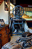 'France, Brittany, Finistere, Concarneau, entirely renovated Fishing Museum, sails sewing machine, key element in the sail-loft, this sewing machine is a precious witness of Concarneau's heritage. There were 64 examples of this model (''La Comtesse''), bu