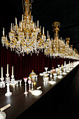 France, Paris. 8th district. Petit Palais. Exhibition on Baccarat. Shot of Grand Marly chandeliers with 88 candles (1891) and table sets