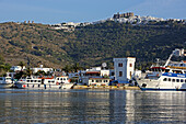 Harbour village Skala and the mountain village Chora with monastery of St. John, Patmos, Dodecanese, Greece