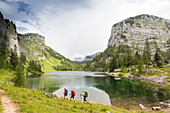 Hikers at Lower Lake Lahngangsee, Bad Aussee, Styria, Austria, Europe