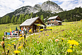 ' Alpine hut ''Wia dahoam Huettn'', Leistalm, Totes Gebirge, Styria, Austria, Europe'