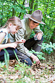 'Ranger und Mädchen, erklären, Rangerführung ''Kleines ganz groß!'' für Familien durch den Müritz-Nationalpark, bei Zwenzow, Mecklenburg-Vorpommern, Deutschland, Europa '