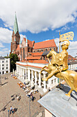 Golden equestrian on roof, downtown Schwerin, old town, market square, cathedral, provincial capital, Mecklenburg lakes, Schwerin, Mecklenburg-West Pomerania, Germany, Europe